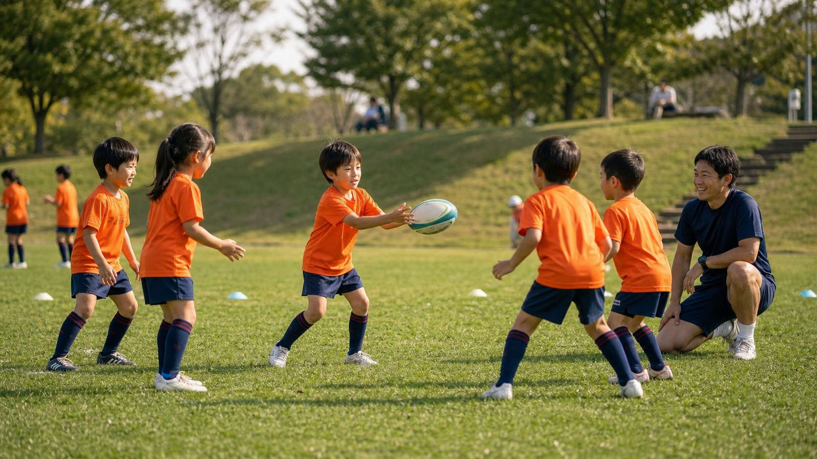 横浜ブルズのユニフォームを着てラグビーを体験する子どもたち